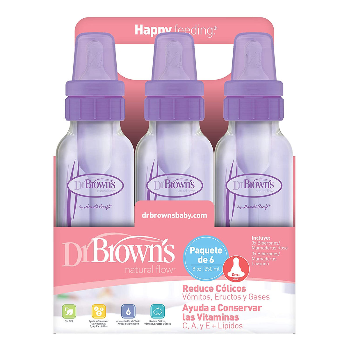 Dr. Brown's Natural Flow Anti-Colic 8 oz. Bottles, 6 Pack, 3 Lavender - 3 Pink