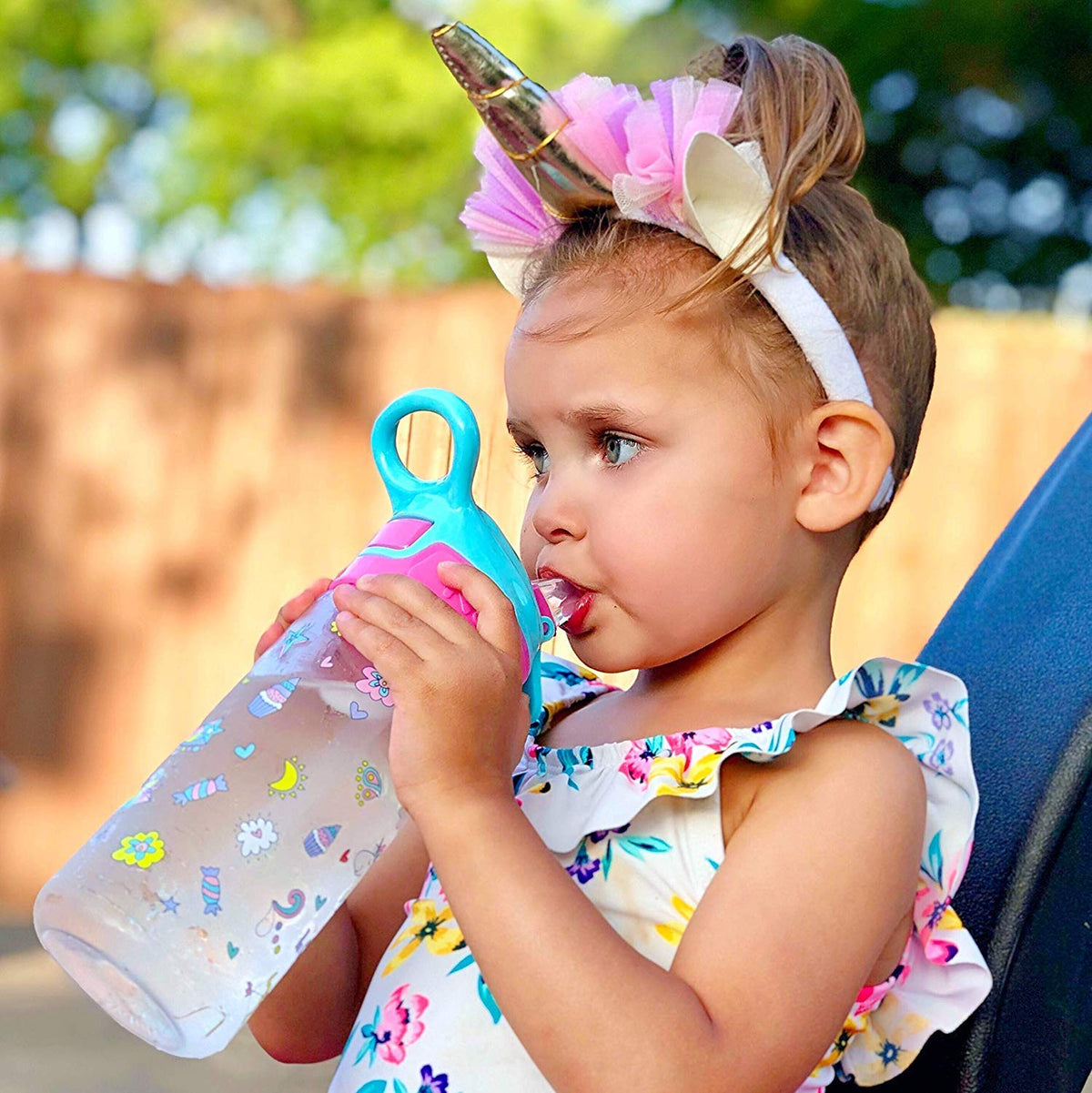 NUBY Push Button Flip-it Soft Spout Tritan Water Bottle, Pink Unicorns, 18oz