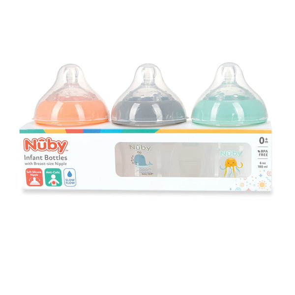 Nuby Infant Baby Bottles with Slow Flow Nipple, 3 Pack, 6oz, Boy