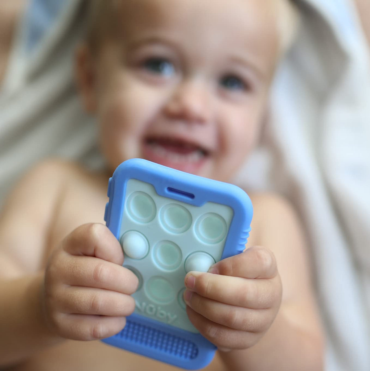 NUBY Giggle Bytes Cell Phone Popper Sensory Play Teether Toy - Blue