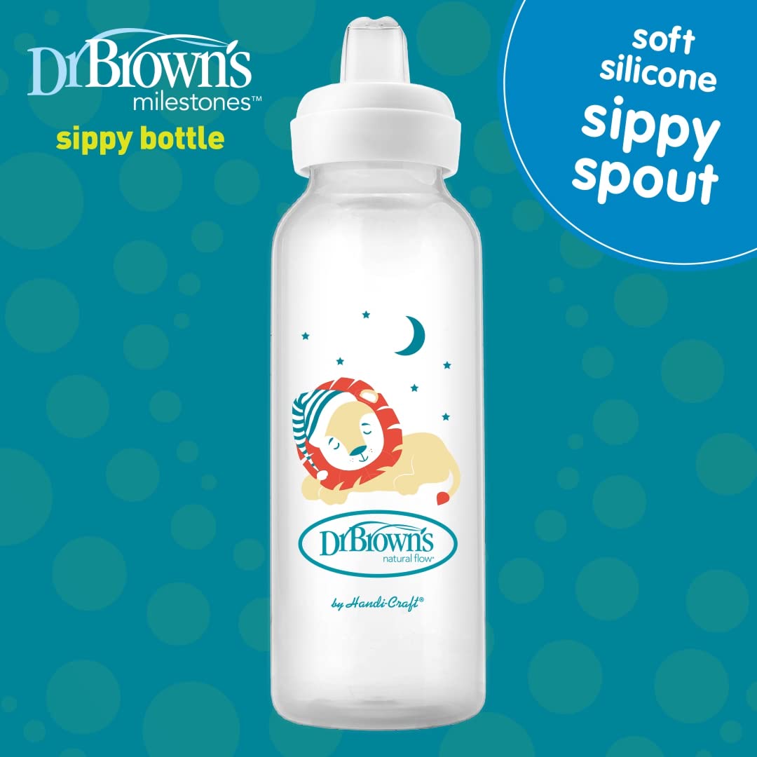 Dr. Brown's Milestones Narrow Sippy Bottle, 100% Silicone Soft Sippy Spout, 8oz/250mL, Lion, Flamingo, Fox, & Bunny, 6m+