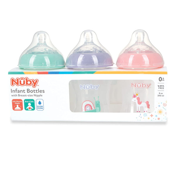 Nuby Infant Baby Bottles with Slow Flow Nipple, 3 Pack, 8oz, Girl