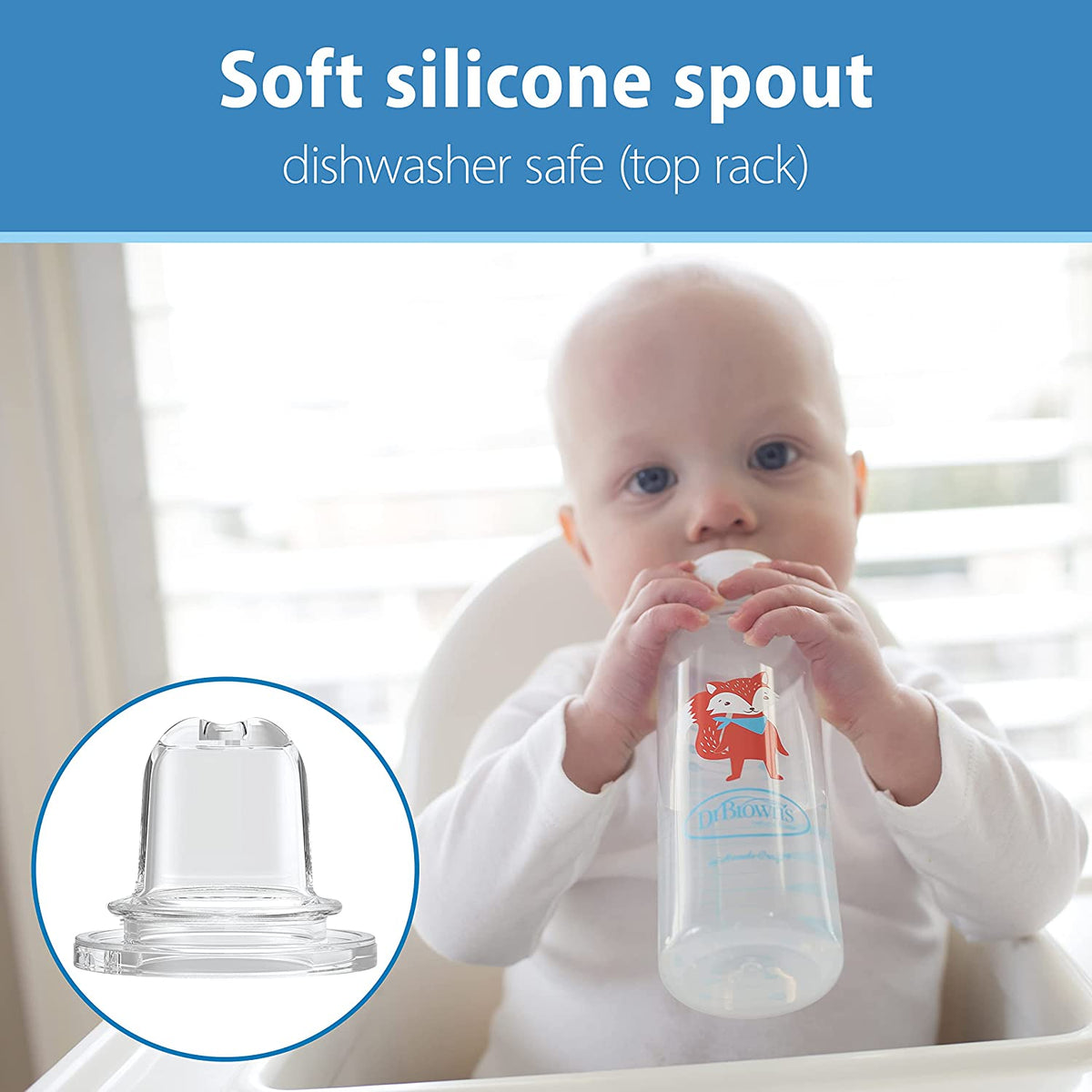 Dr. Brown's Milestones Narrow Sippy Bottle, 100% Silicone Soft Sippy Spout, 8oz/250mL, Lion, Flamingo, Fox, & Bunny, 6m+