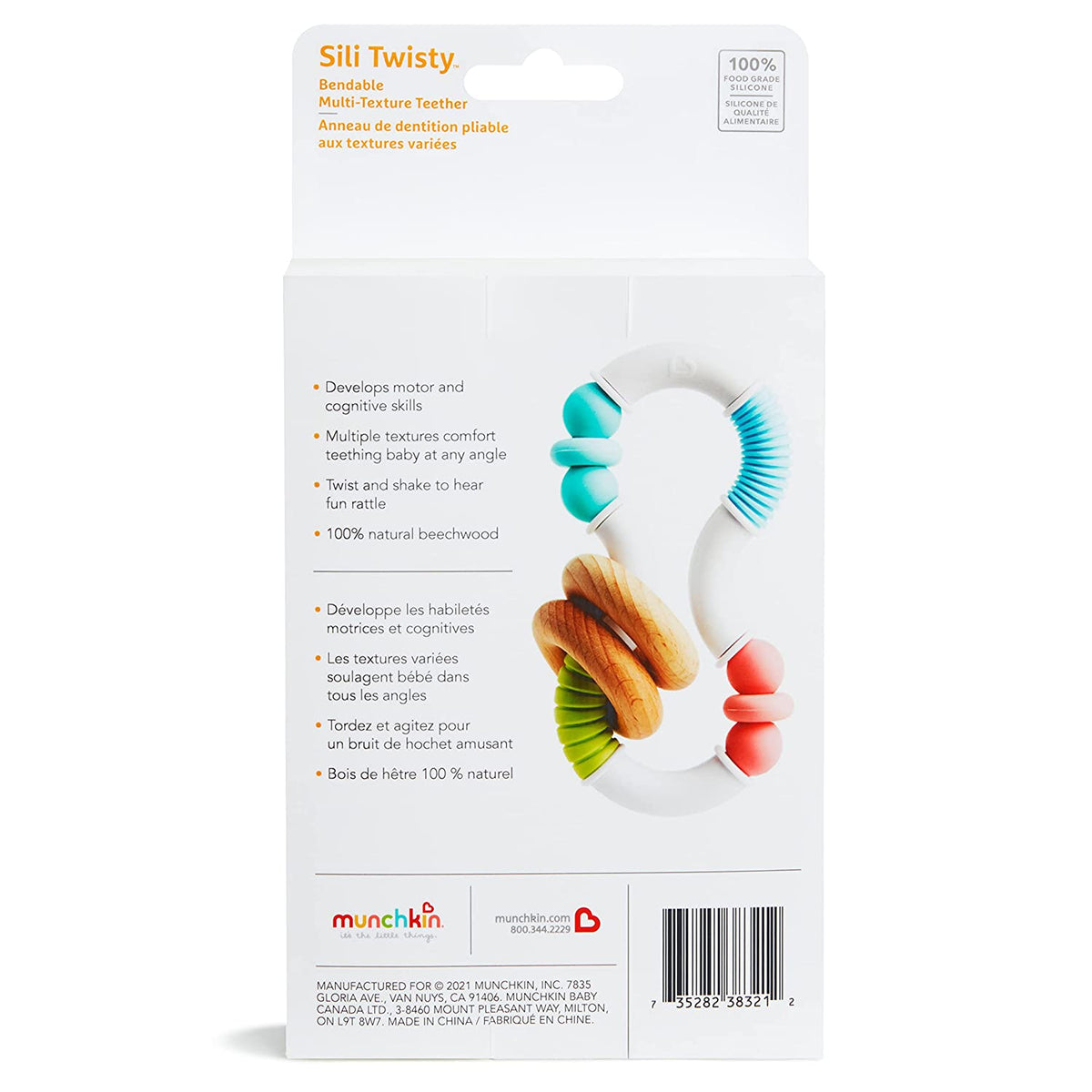 Munchkin Sili Twisty Bendable Baby Teether Toy, Silicone and Wood, BPA Free, 3+ Months