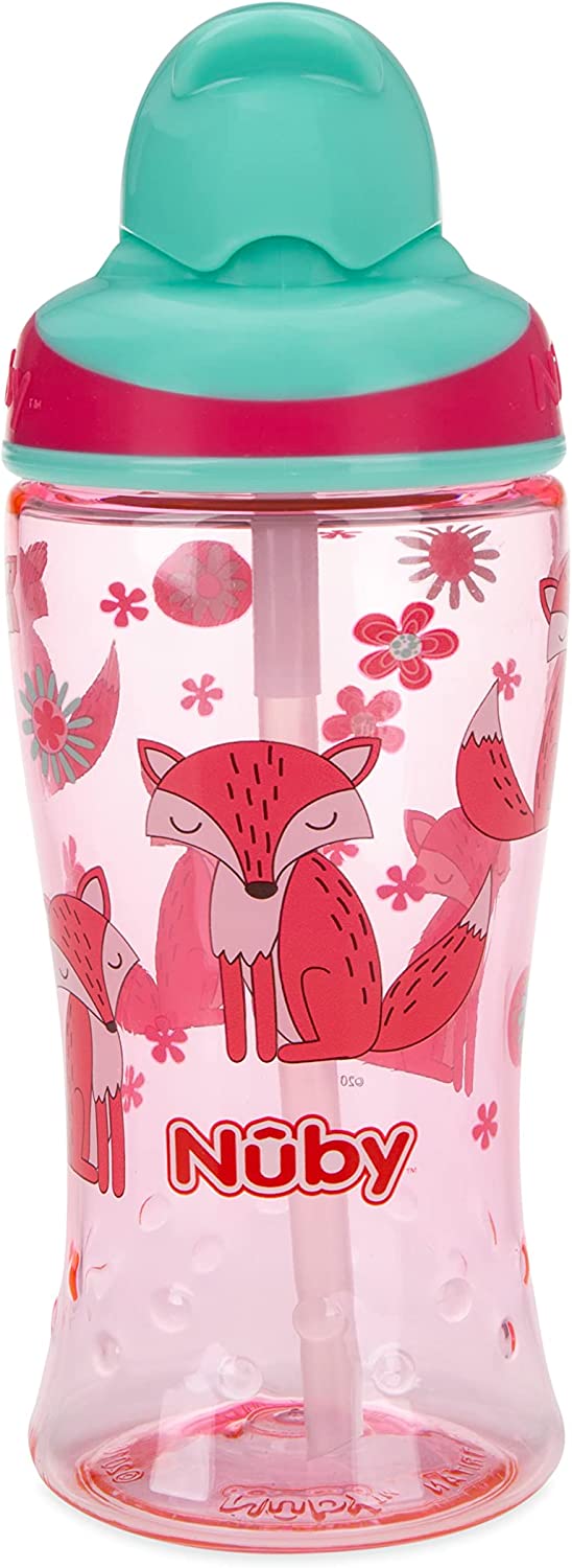 Nuby Thirsty Kids No-Spill Flip-it Printed Boost Cup with Thin Soft Straw - 12oz, 18+ Months, (fox / tigers)