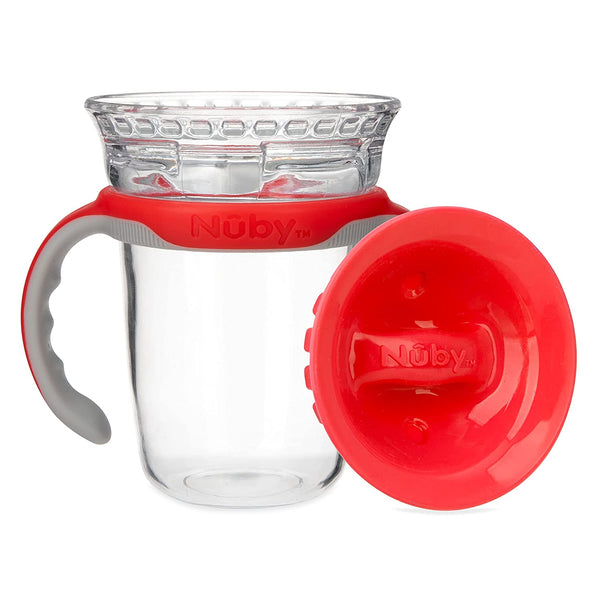 NUBY No-Spill Edge 360 2 Stage Drinking Cup with Removable Handles, Red