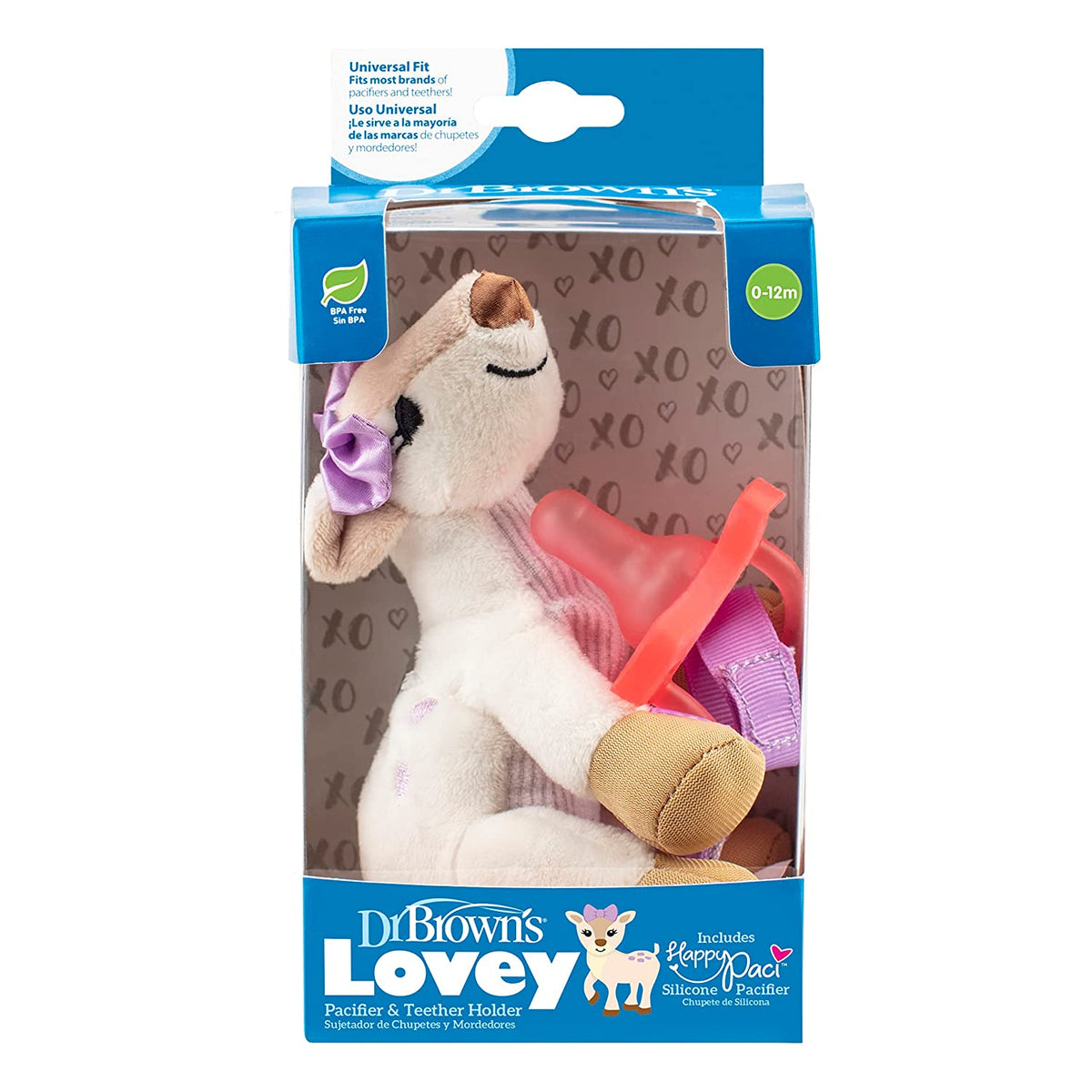 Dr. Brown's Baby Lovey Pacifier Holder & Teether Clip, Soft Plush Stuffed Animal Deer Pacifier Tether with Pink