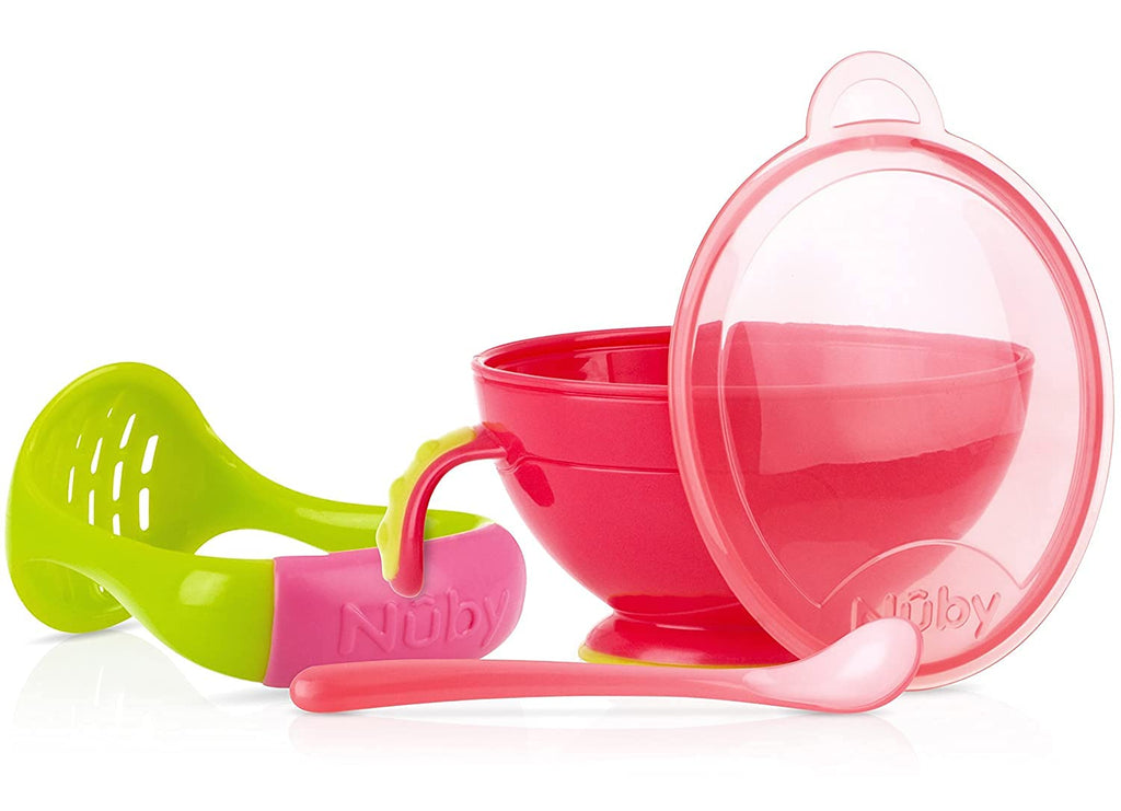 Nuby Garden Fresh Mash N' Feed Bowl with Spoon and Food Masher (Pink/Green)