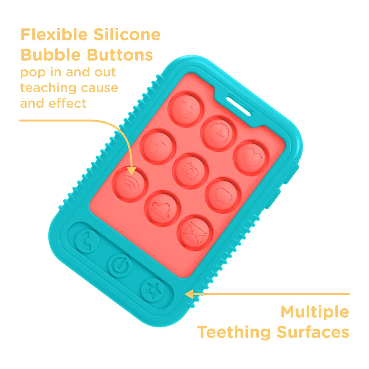 Nuby Giggle Bytes Cell Phone Popper Sensory Play Teether Toy - Coral