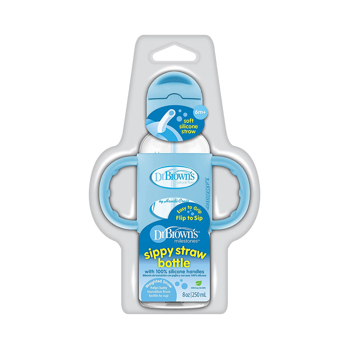 Dr. Brown's Milestones Narrow Sippy Straw Bottle with 100% Silicone Handles, 8oz/250mL, Blue, 1 Pack, 6m+