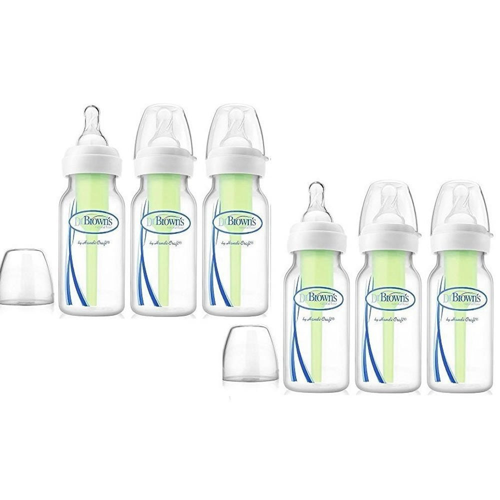 Dr. Brown's Natural Flow Anti-Colic Options+ Narrow Baby Bottles 4oz/120 mL, with Level 1 Slow Flow Nipple, 6 Pack, 0m+