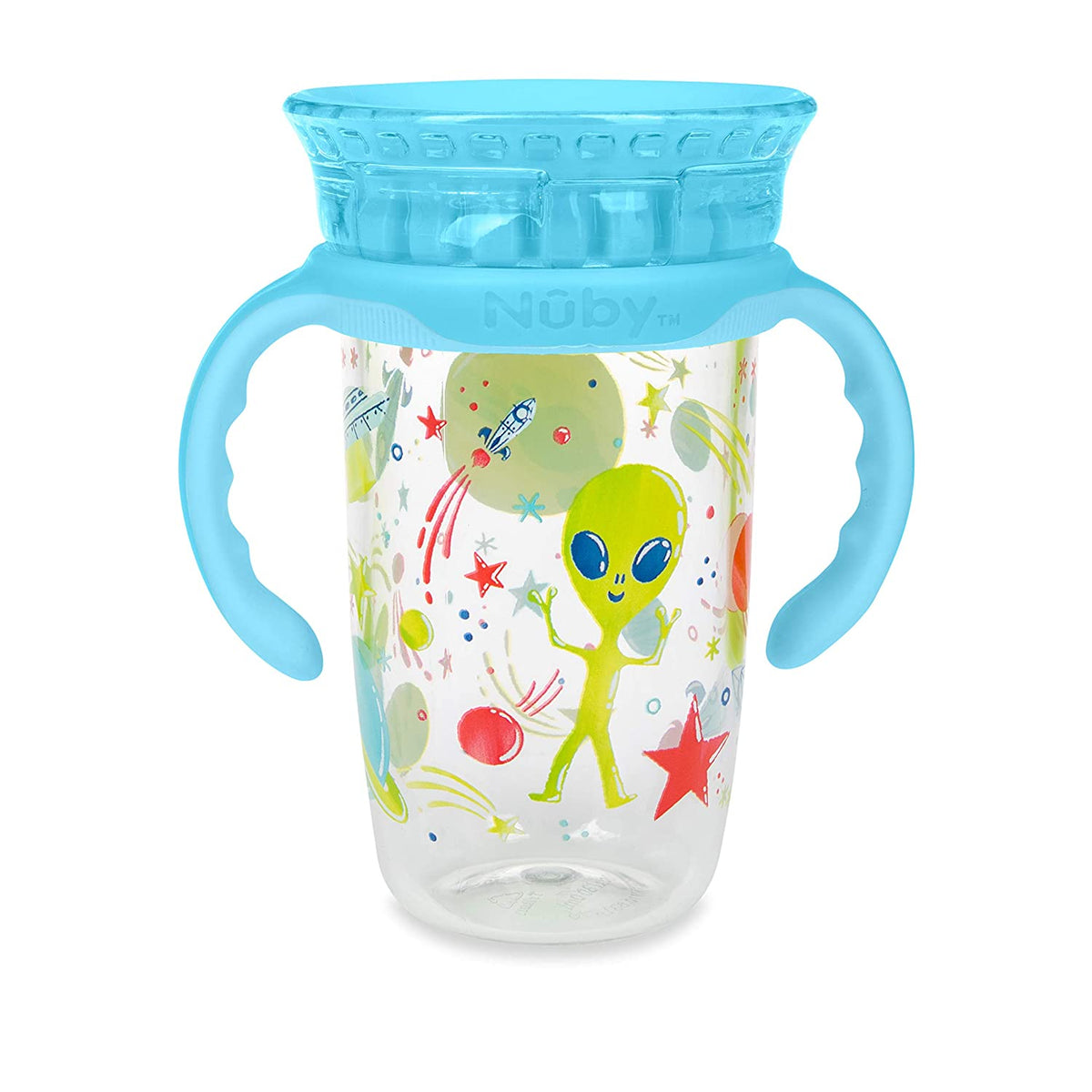 NUBY No-Spill Edge 360 2 Stage Drinking Cup with Removable Handles, Alien Aqua