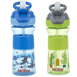 Nuby Thirsty Kids Push Button Flip-it Soft Spout on The Go Water Bottle, Green Cactus and Blue Shark, 12 Oz, 2 Pack