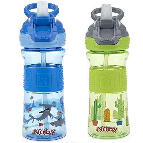 Nuby Push Button Flip-It Soft Spout Tritan Water Bottle Blue Sharks 18 oz