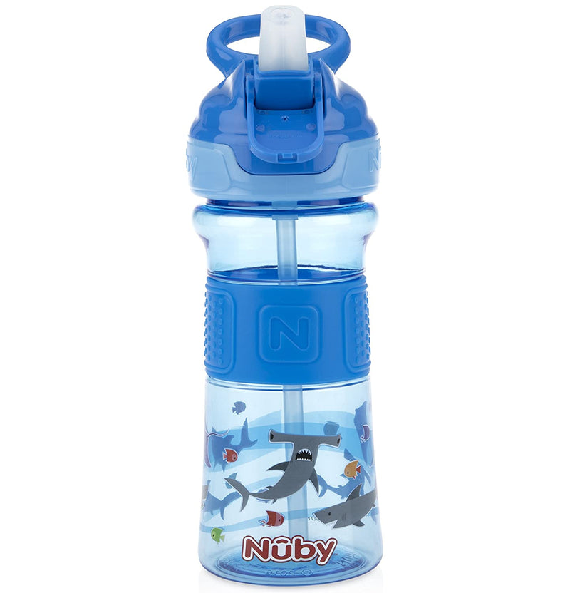 NUBY Thirsty Kids Push Button Flip-it Soft Spout on The Go Water Bottle with Easy Grip Band, Blue Sharks, 12oz