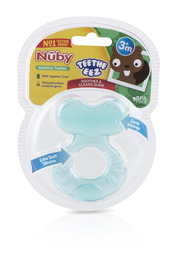 Nuby Silicone Teethe-eez Teether with Bristles, Includes Hygienic Case, Blue, 2 Pack