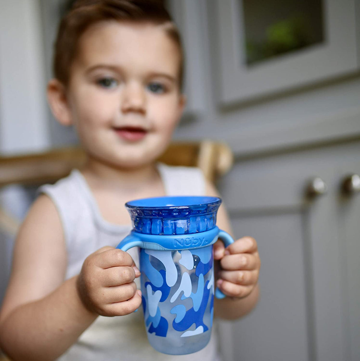 NUBY No-Spill Edge 360 2 Stage Drinking Cup with Removable Handles, Blue Camo