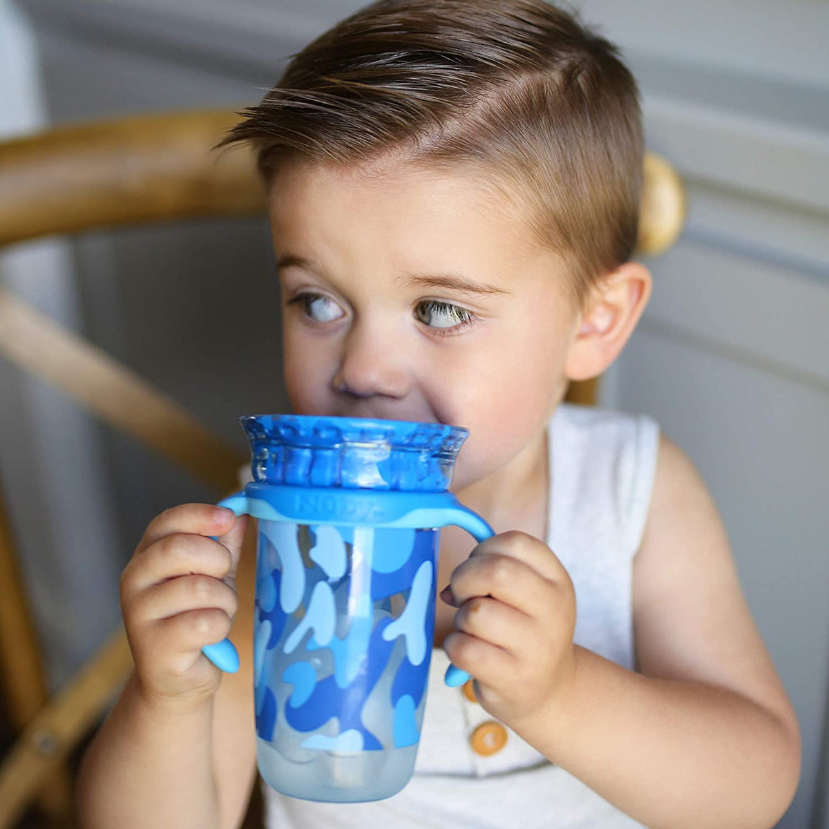 NUBY No-Spill Edge 360 2 Stage Drinking Cup with Removable Handles, Blue Camo