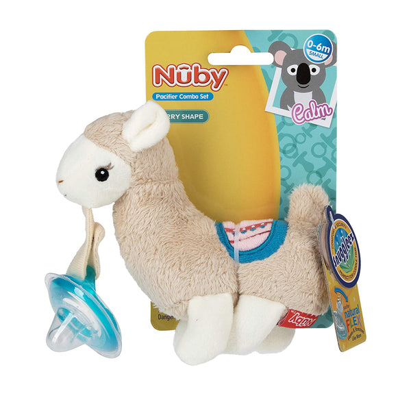 Nuby Calming Natural Flex Snuggleez Pacifier with Plush Animal, Llama, Beige