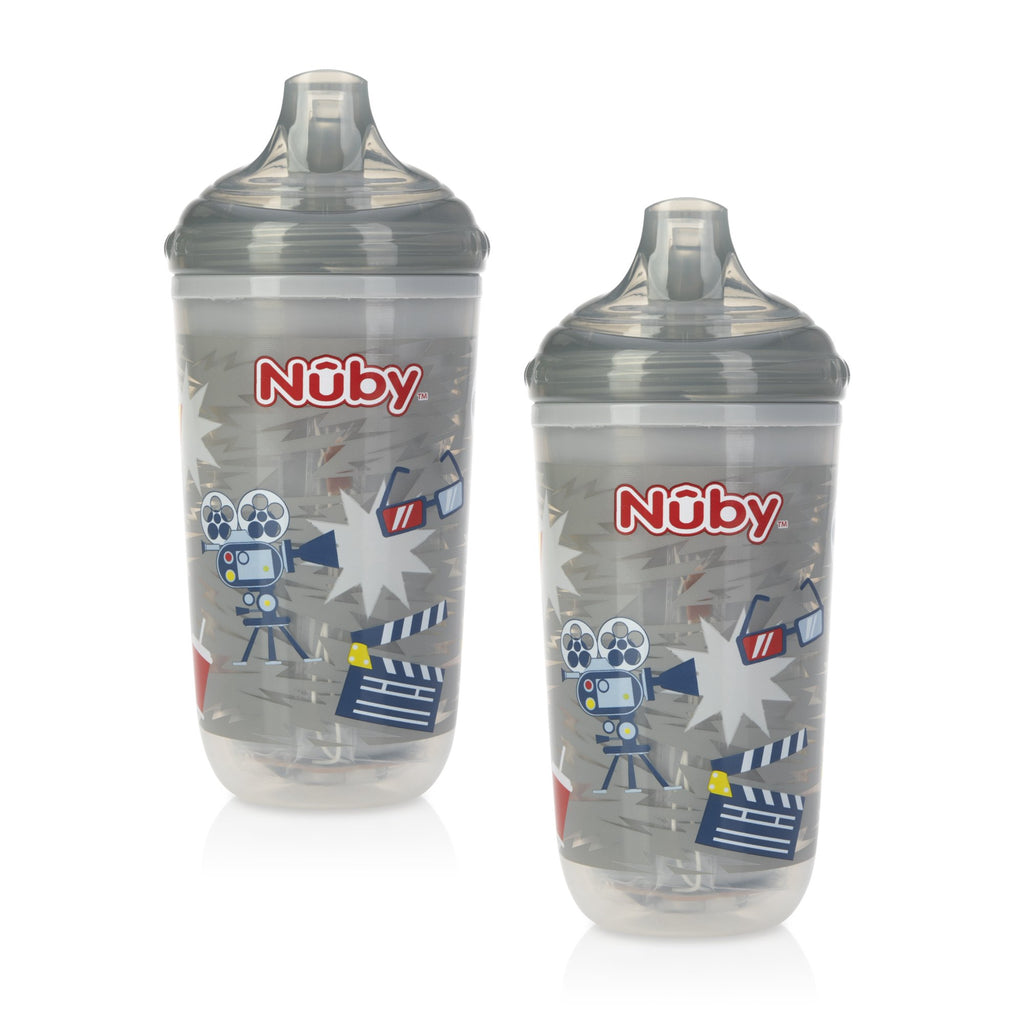 NUBY 2Pk 10oz No-Spill Insulated Light Up Easy Sip Cup, Neutral, Gray, Movie