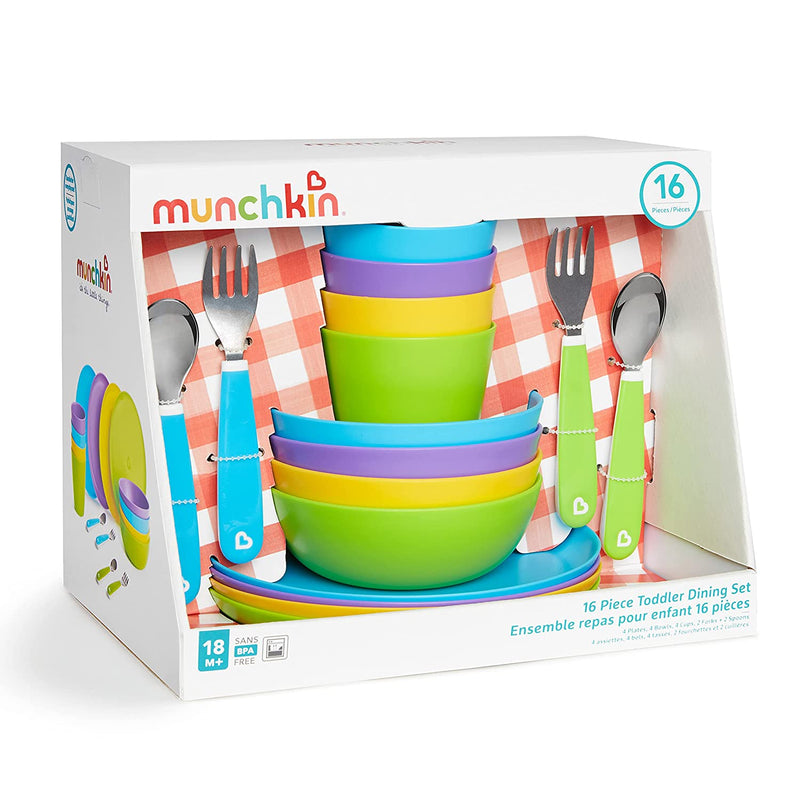 Munchkin 16 Pack Toddler Dining Set, Includes Plates, Bowls, Cups and Utensils