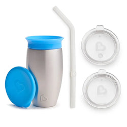 Munchkin Miracle Stainless Steel 360 Sippy Cup, 10 oz, with 3 piece Sipper and Straw Lid, Blue