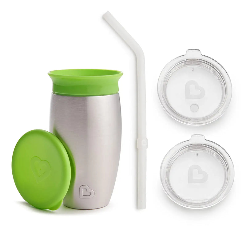 Munchkin Miracle Stainless Steel 360 Sippy Cup, 10oz, with 3 Pack Sipper and Straw Lid, Green