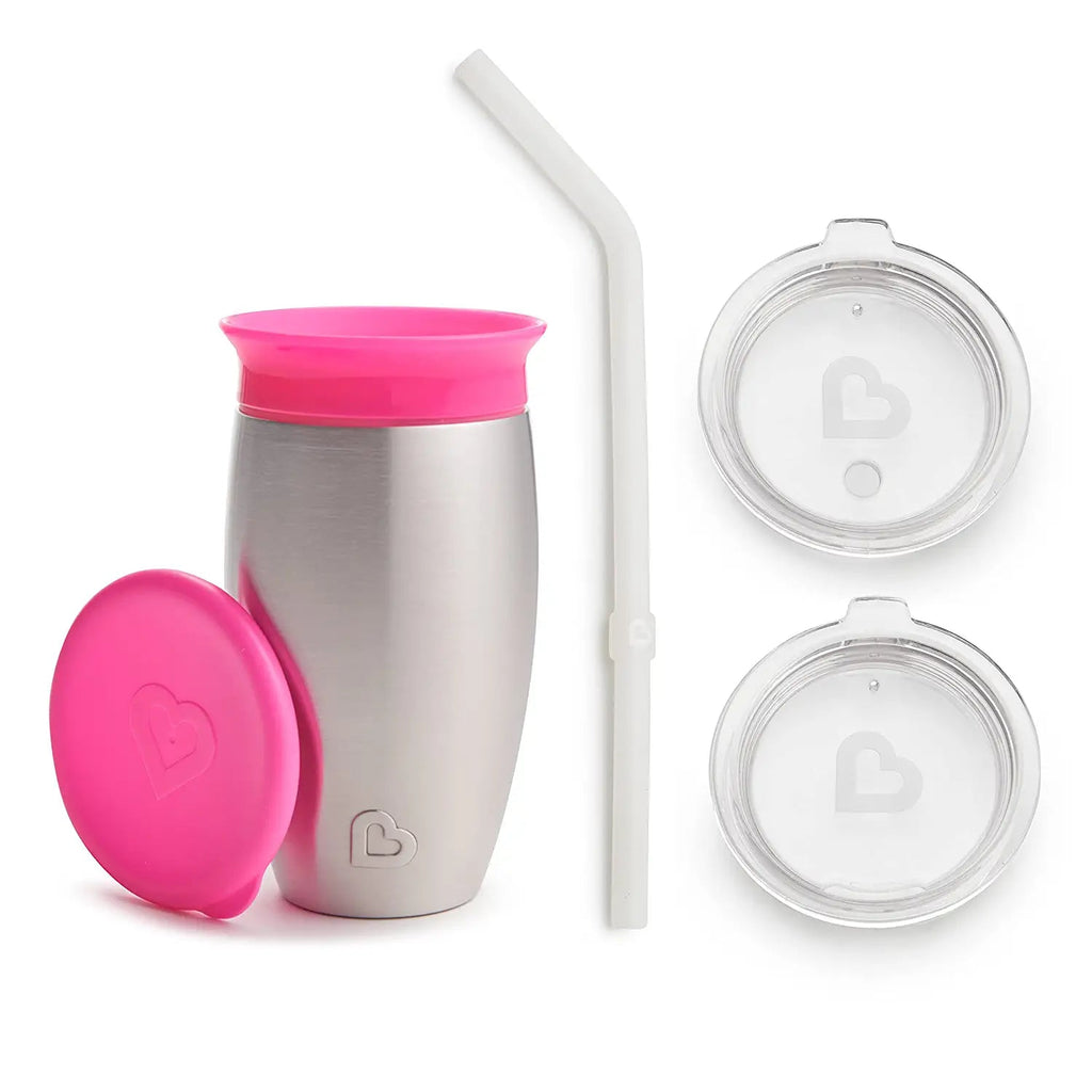 Munchkin Miracle Stainless Steel 360 Sippy Cup, 10 oz, with 3 piece Sipper and Straw Lid, Pink