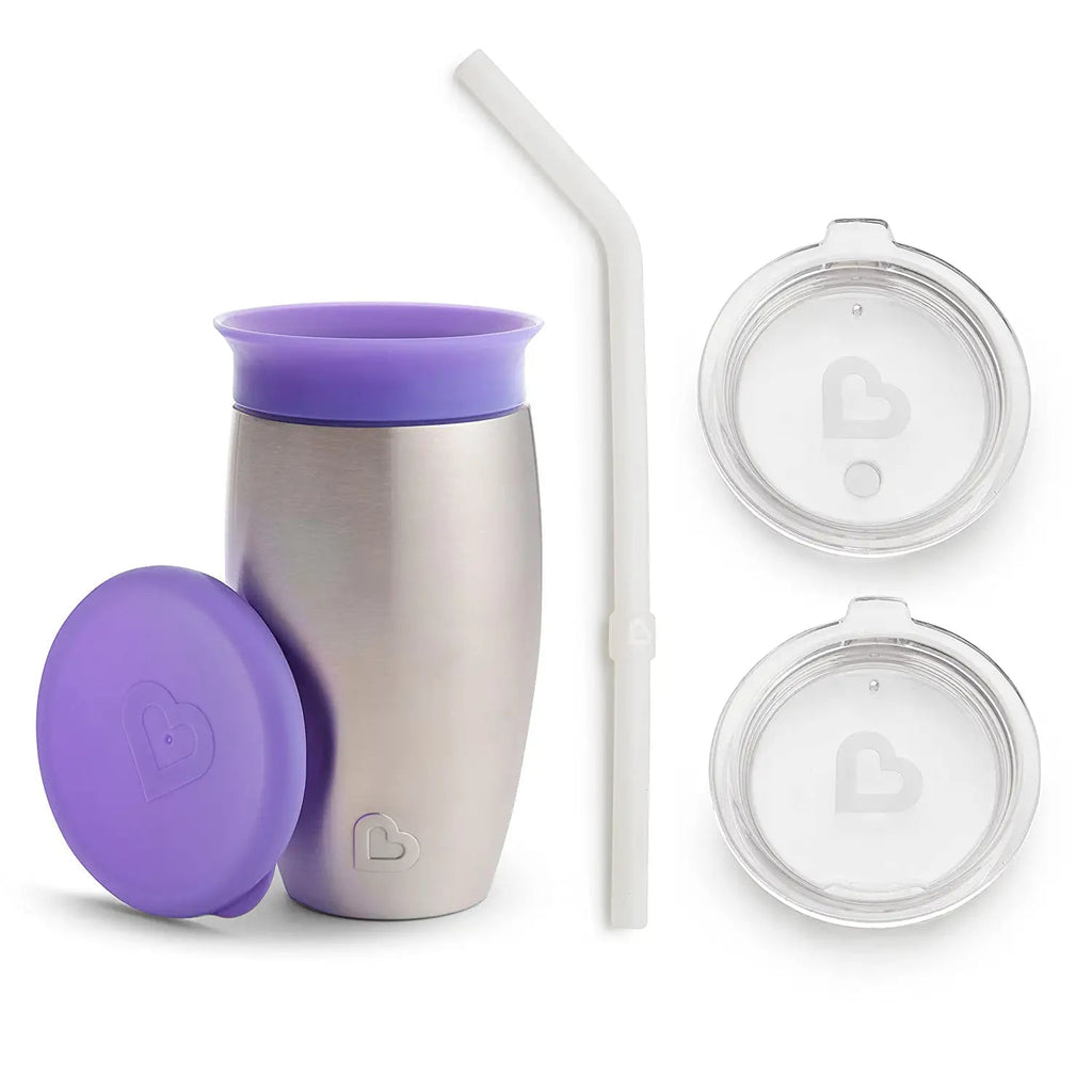 Munchkin Miracle Stainless Steel 360 Sippy Cup, 10 Ounce, with 3 piece Sipper and Straw Lid, Purple