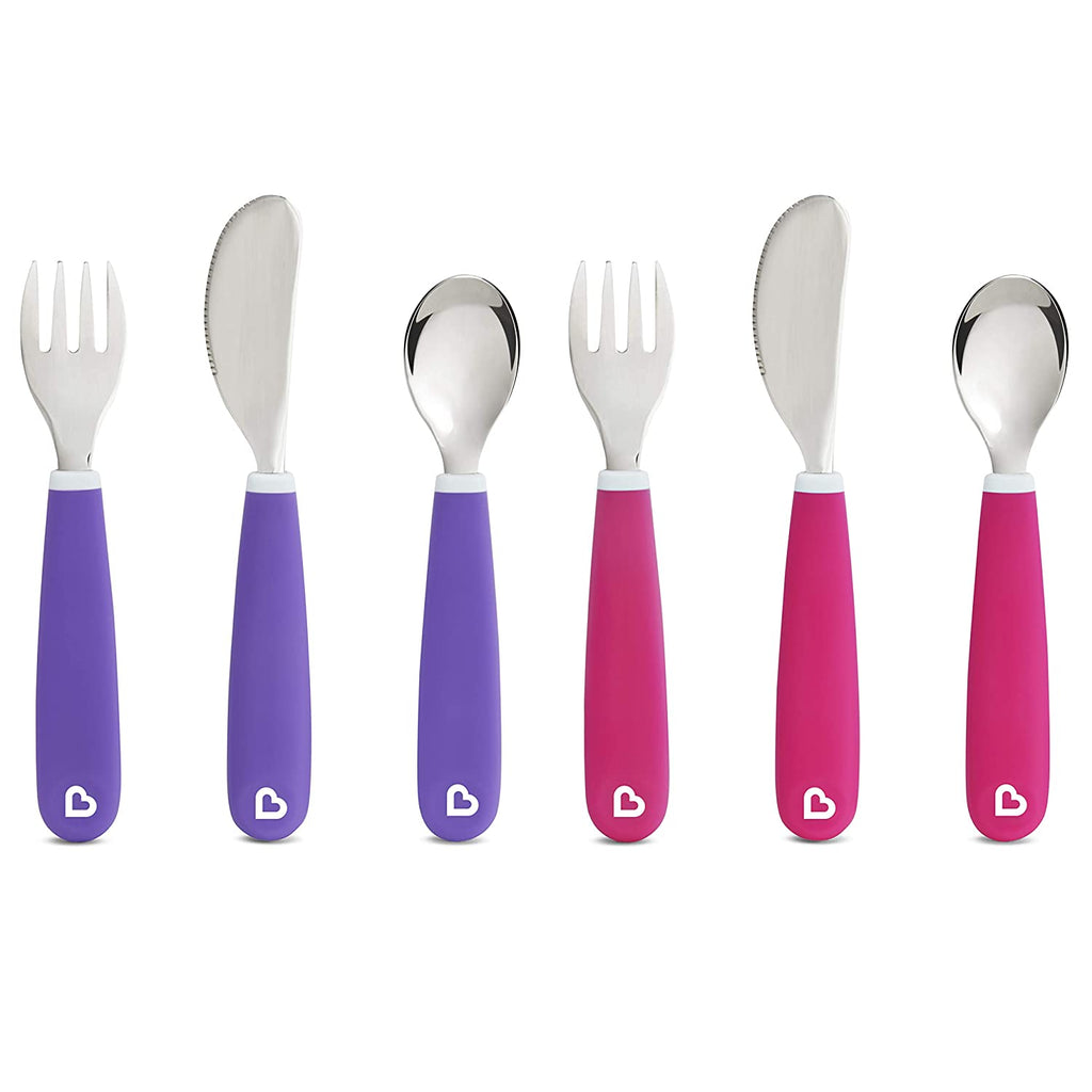 Munchkin Splash Toddler Fork, Knife and Spoon Set, 6 Pack, Pink/Purple