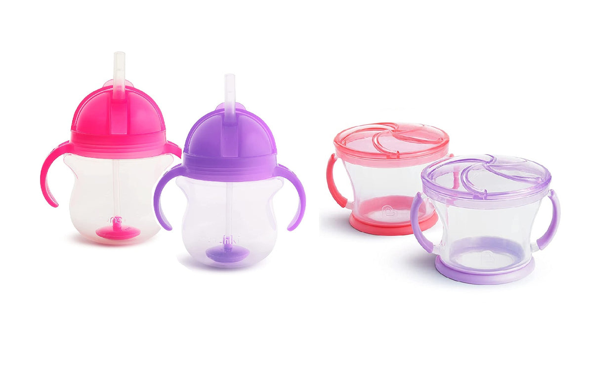 Happy Snacker Snack Catcher and Toddler Weighted Straw Sippy Cup Set, 4 Pack Pink/Purple