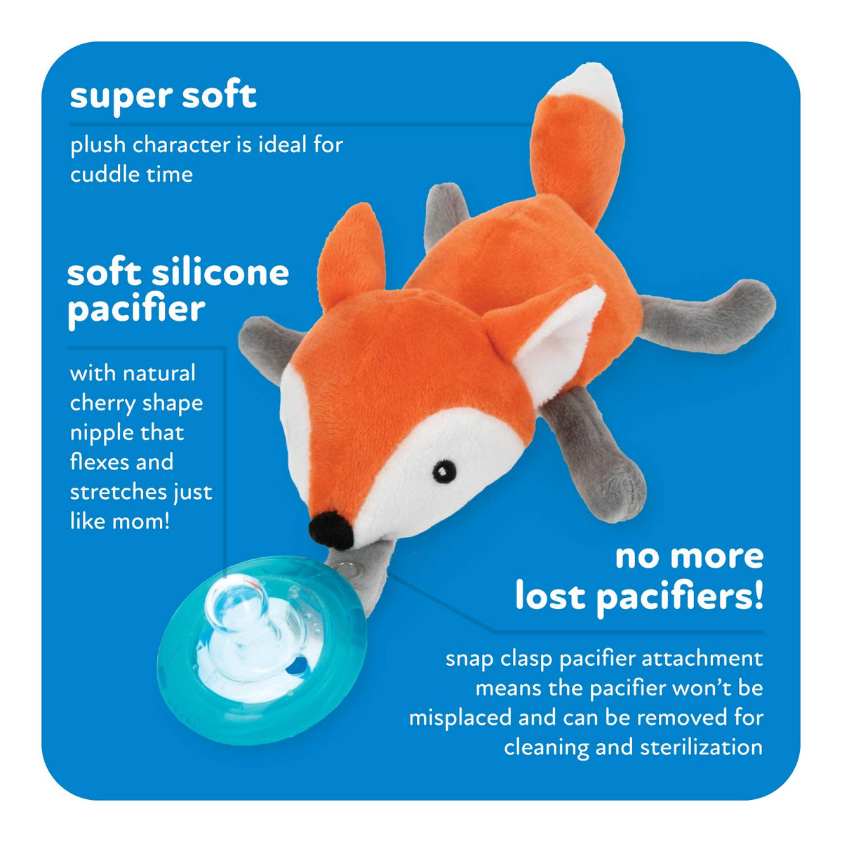 Nuby Calming Natural Flex Snuggleez Pacifier with Plush Animal, Fox, Orange