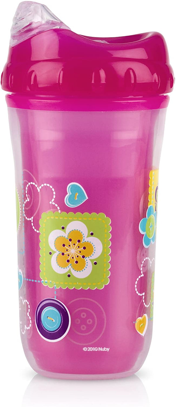 Nuby No-Spill Insulated Cool Sipper, 9 Ounce,  (Pack of 2) Pink Flower, Purple Butterfly