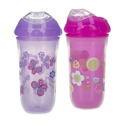 Nuby No-Spill Insulated Cool Sipper, 9 Ounce,  (Pack of 2) Pink Flower, Purple Butterfly
