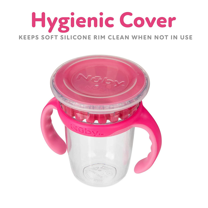 NUBY No-Spill Edge 360 2 Stage Drinking Cup with Removable Handles, Pink