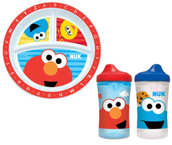 NUK Sesame Street Three Section Plate and Two Sippy Cups in Red and Blue