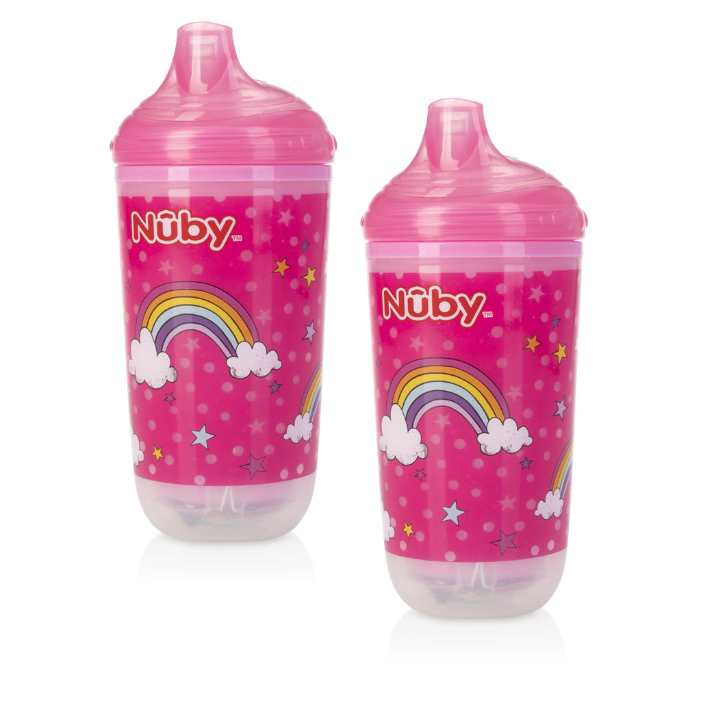 NUBY 2Pk 10oz No-Spill Insulated Light Up Easy Sip Cup, Pink, Rainbow