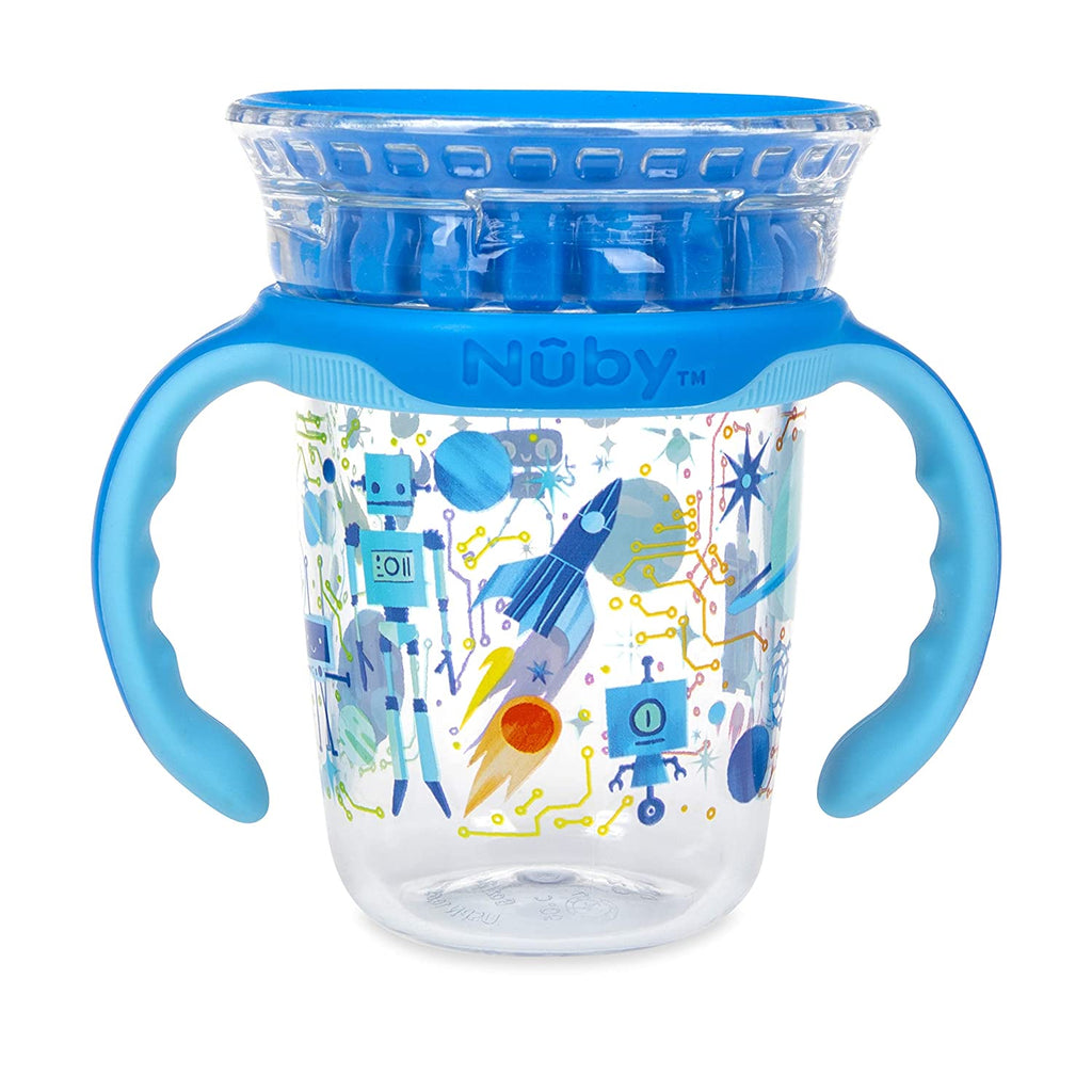 NUBY No-Spill Edge 360 2 Stage Drinking Cup with Removable Handles, Blue Robot