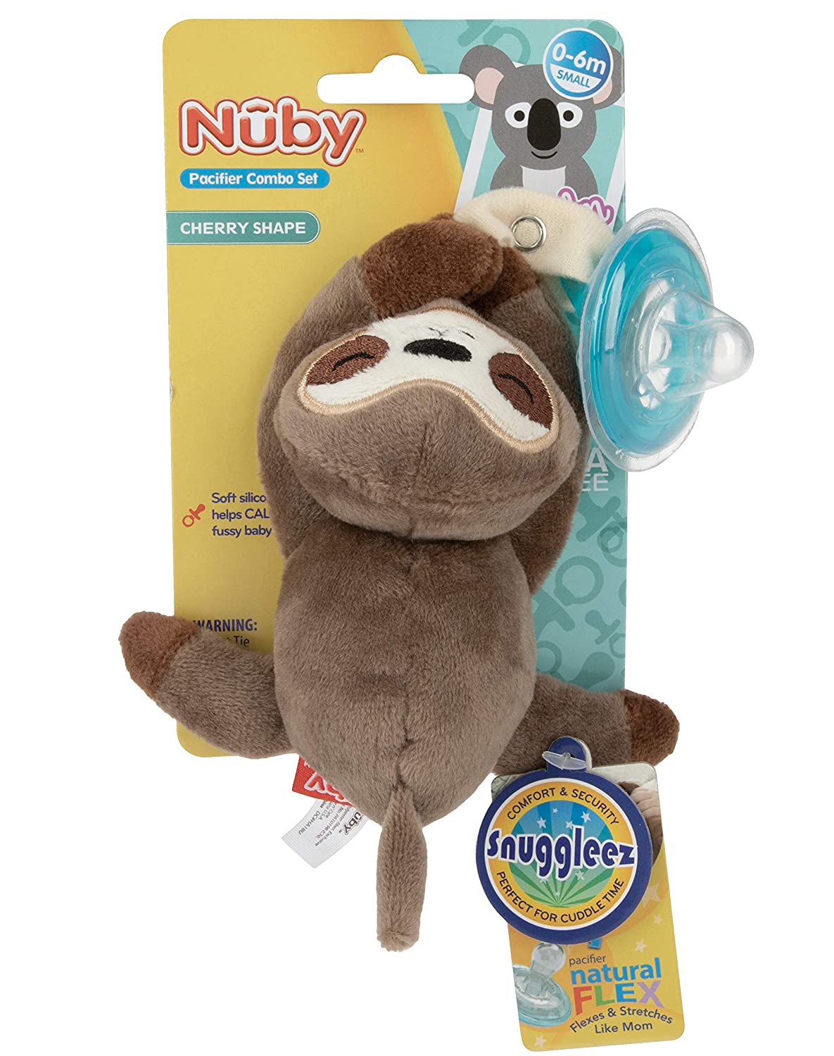 NUBY Calming Natural Flex Snuggleez Pacifier with Plush Animal, Sloth, Brown