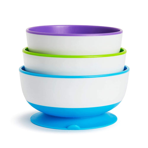 Munchkin 3 Pack Stay Put Suction Bowls with 12 Pack Soft Tip Infant Spoons