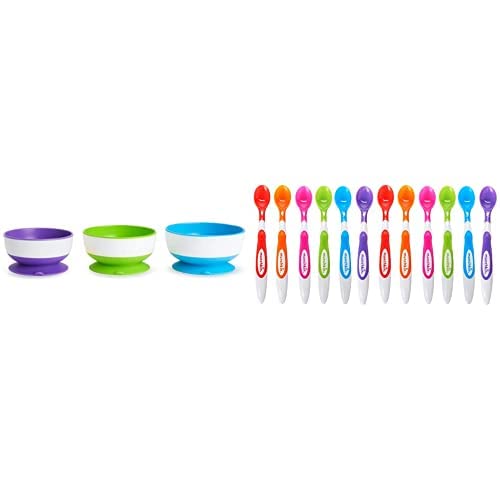 Munchkin 3 Pack Stay Put Suction Bowls with 12 Pack Soft Tip Infant Spoons