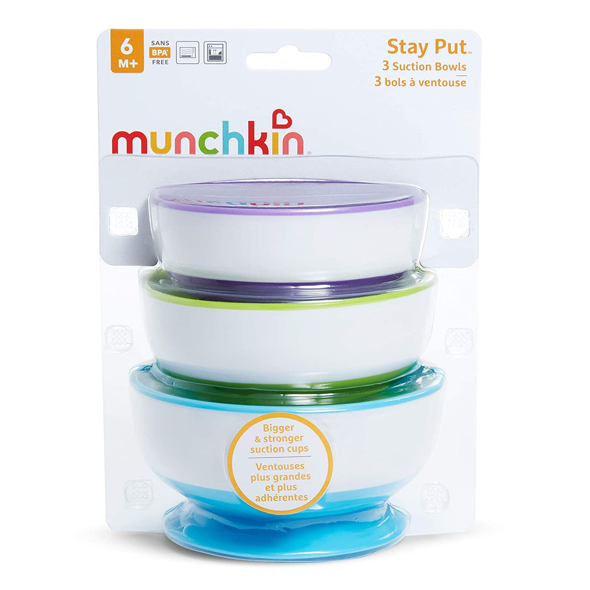 Munchkin 3 Pack Stay Put Suction Bowls with 6 Pack Soft Tip Infant Spoons
