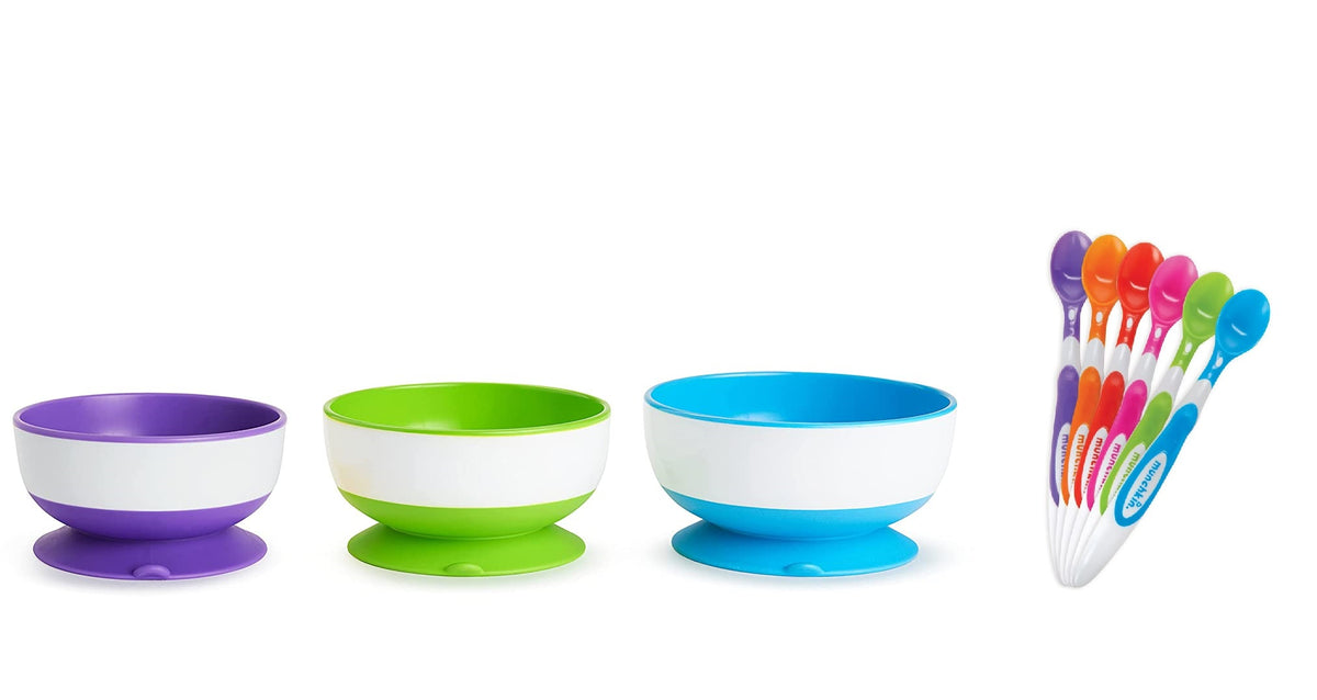 Munchkin 3 Pack Stay Put Suction Bowls with 6 Pack Soft Tip Infant Spoons