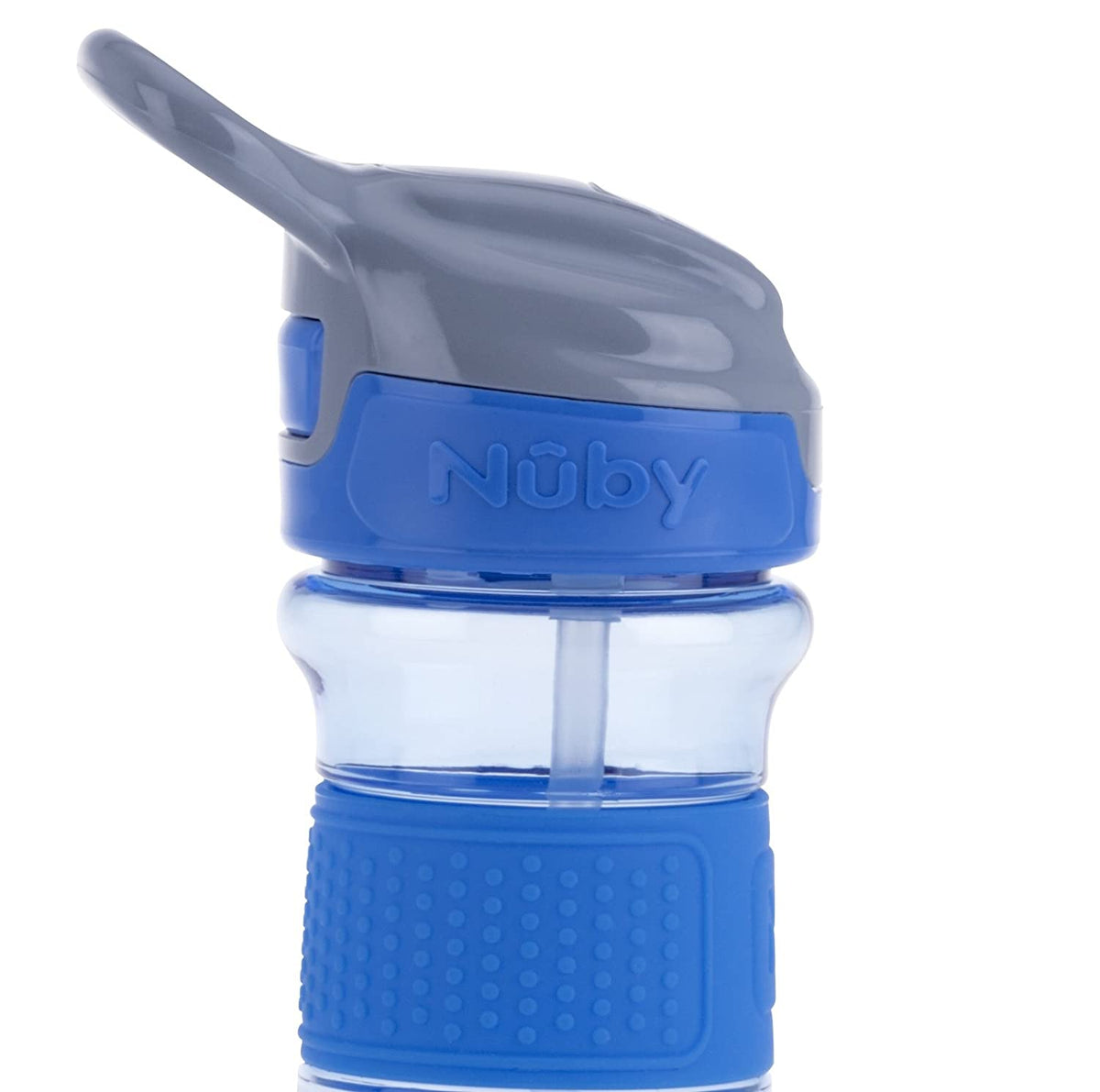 Nuby Thirsty Kids Push Button Flip-it Soft Spout on The Go Water Bottle with Easy Grip Band, Blue Sharks, 12 Oz