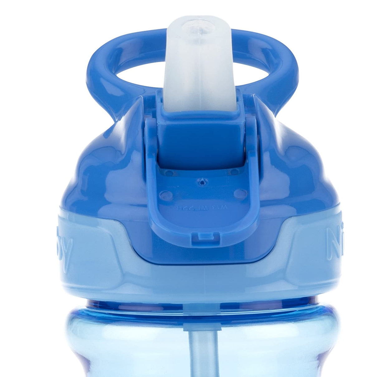 NUBY Thirsty Kids Push Button Flip-it Soft Spout on The Go Water Bottle with Easy Grip Band, Blue Sharks, 12oz