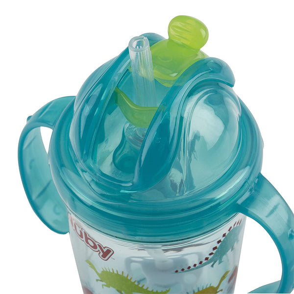 Nuby Tritan No Spill Flip N' Sip Twin Handle Printed Cup with 360 Weighted Straw Gray Raindrop