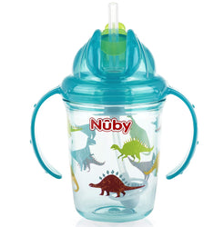 Nuby Tritan No Spill Flip N' Sip Twin Handle Printed Cup with 360 Weighted Straw Blue Dinosaurs