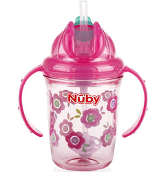 Nuby Tritan No Spill Flip N' Sip Twin Handle Printed Cup with 360 Weighted Straw Pink Flower