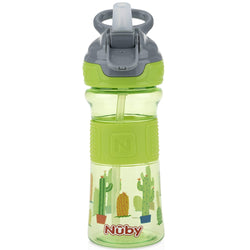 Nuby Thirsty Kids Push Button Flip-it Soft Spout on The Go Water Bottle, Green Cactus,12 Oz