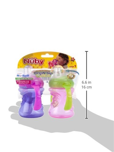 Nuby 2-Pack Two-Handle No-Spill Super Spout Grip N' Sip Cups, 8 Ounce, Pink and Purple